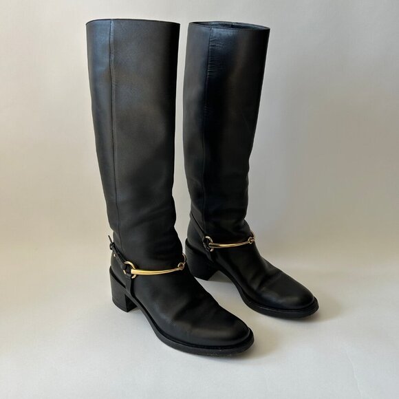 GUCCI BLACK LEATHER HORSEBIT TESS TALL BOOTS - Picture 2 of 9